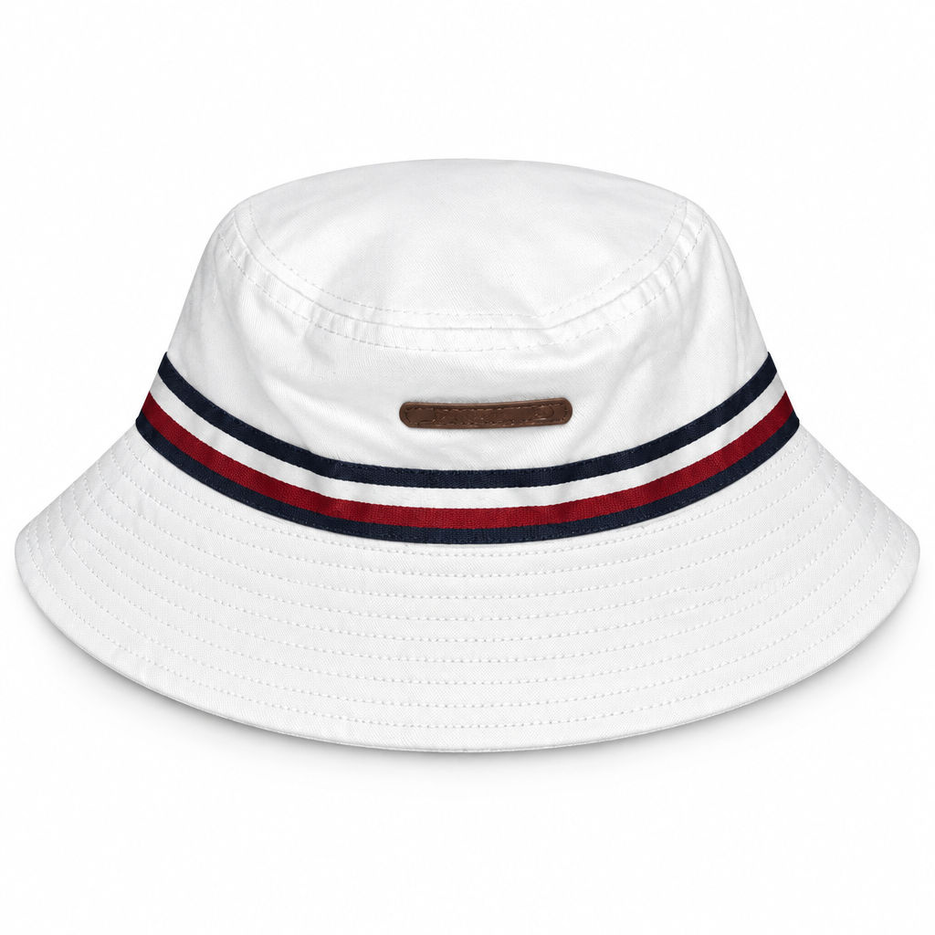 White Jonathan D bucket hat with striped band against a white studio background