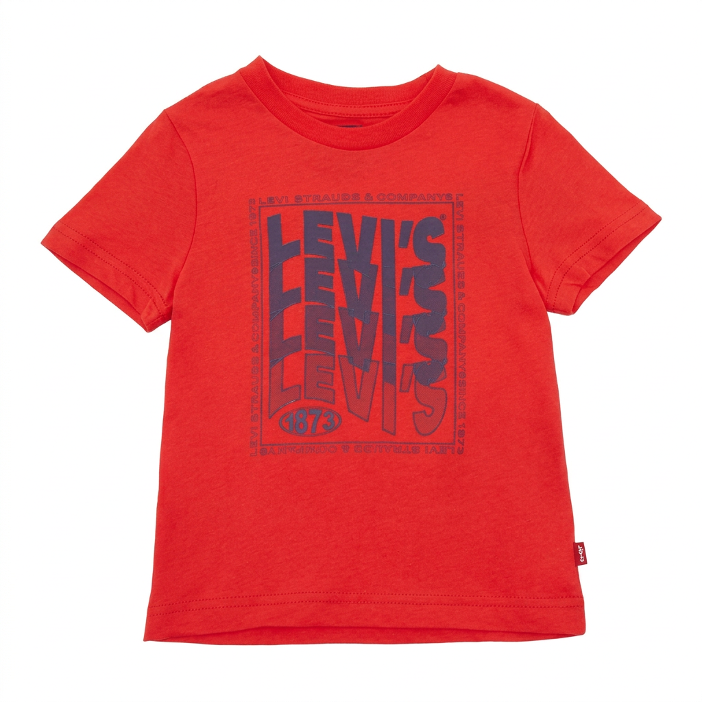 Front of the red Levi's kids t-shirt with wavy logo on a pure white background