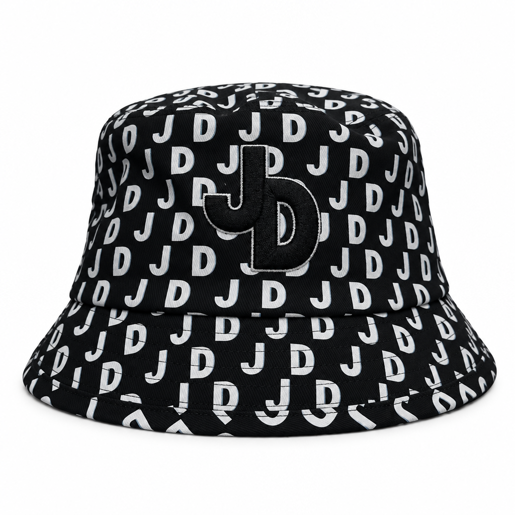 Black and white JD patterned bucket hat on a white background