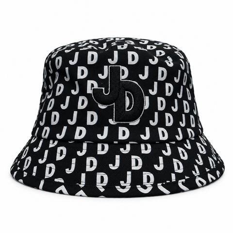 Black and white JD patterned bucket hat on a white background