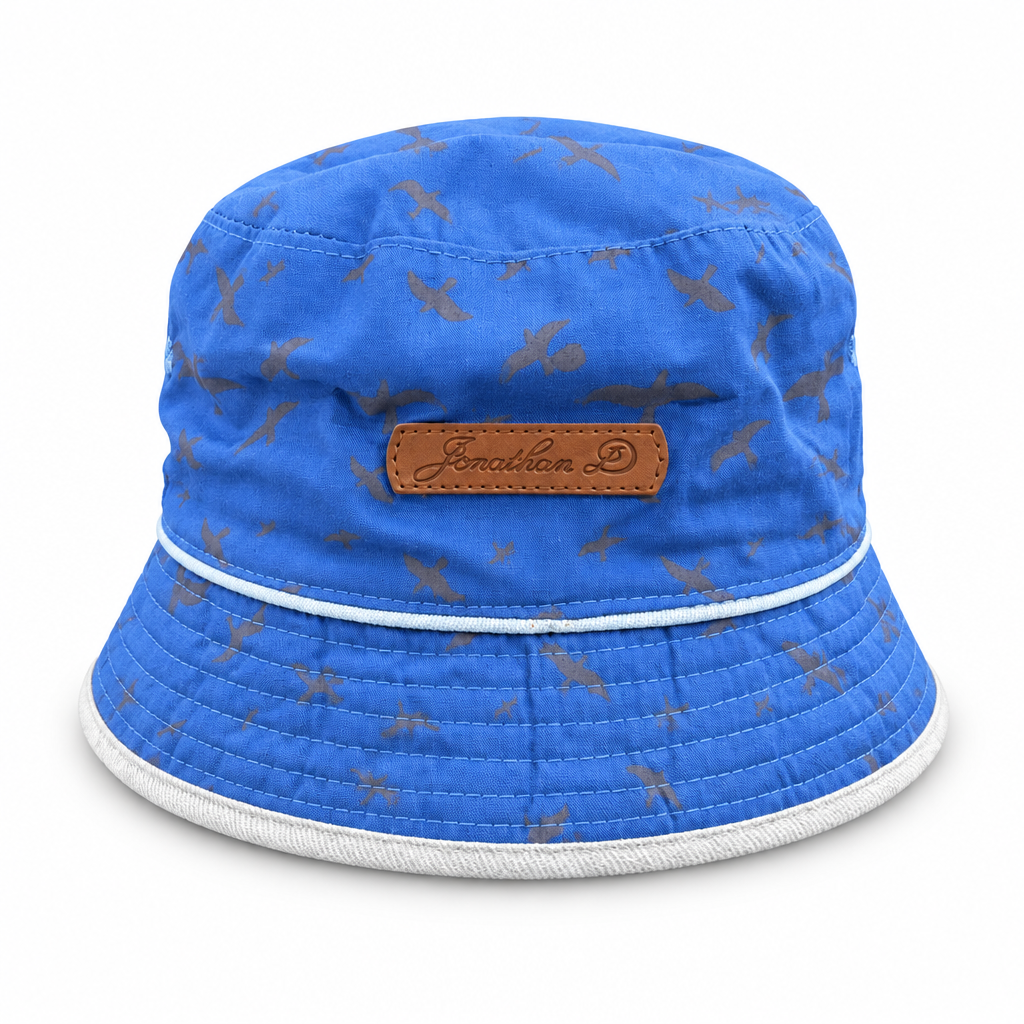 Jonathan D reversible bucket hat blue bird-patterned side on white background