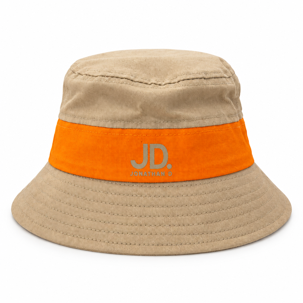Jonathan D stone and orange bucket hat on a white studio background