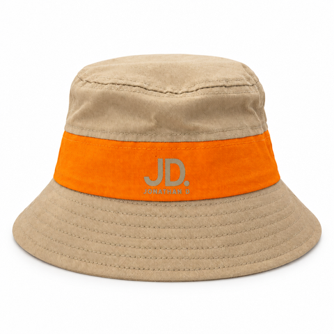 Jonathan D stone and orange bucket hat on a white studio background