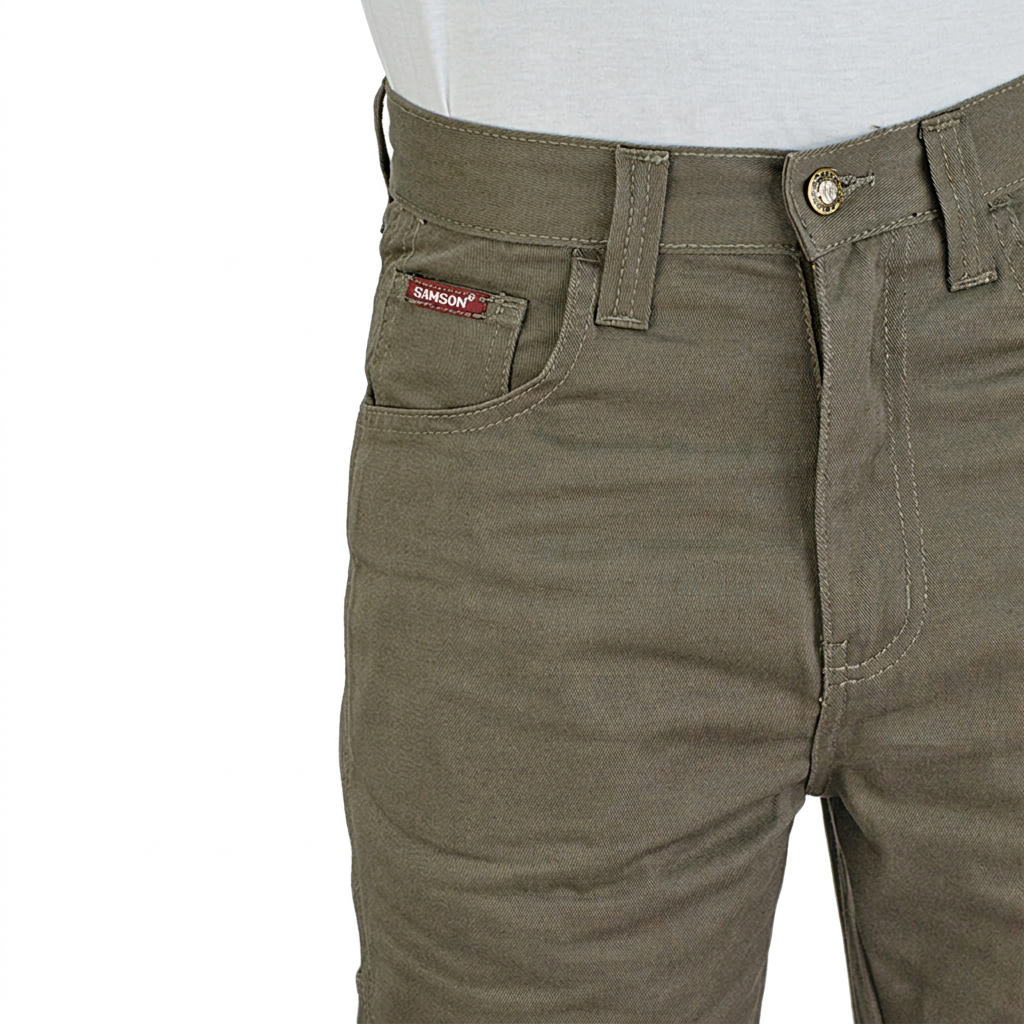 Samson Painter Cotton Twill Olive trousers front pocket detail on white background
