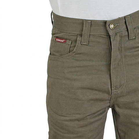 Samson Painter Cotton Twill Olive trousers front pocket detail on white background