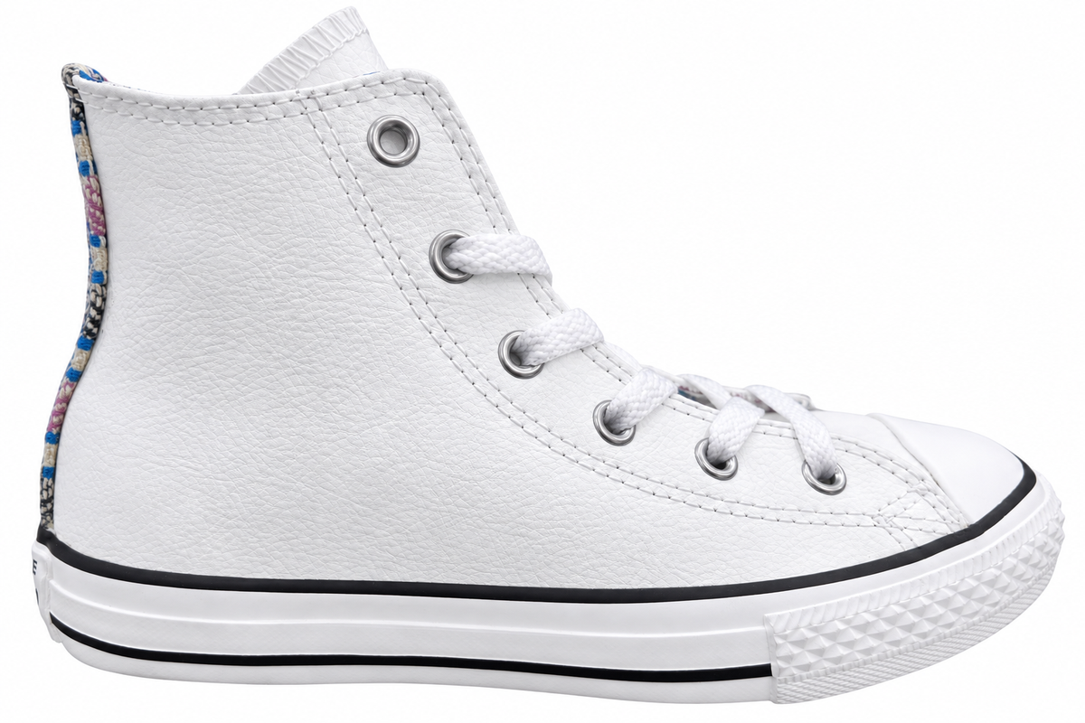 White Converse high-top shoe, outer side view