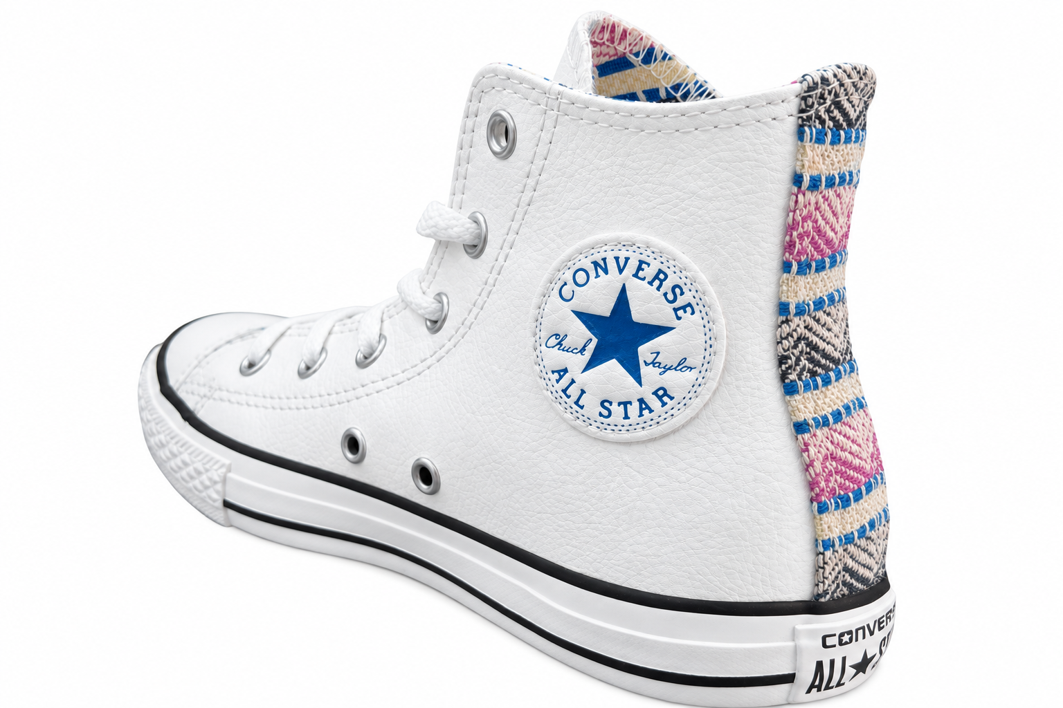 White Converse high-top shoe with patterned heel trim, rear three-quarter view