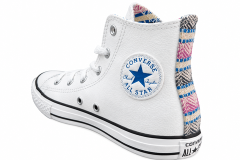 White Converse high-top shoe with patterned heel trim, rear three-quarter view