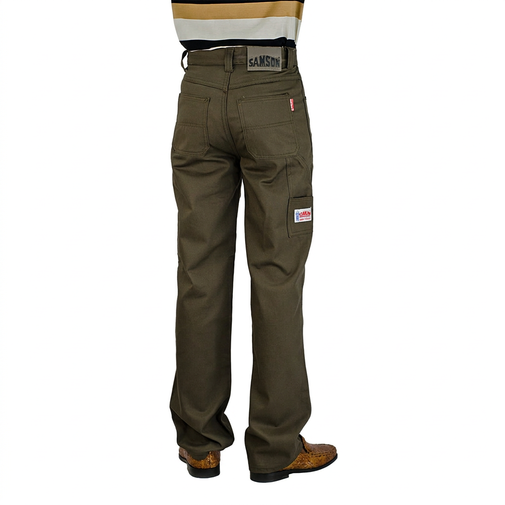 Samson Painter Cotton Twill Olive trousers rear angled view on white background