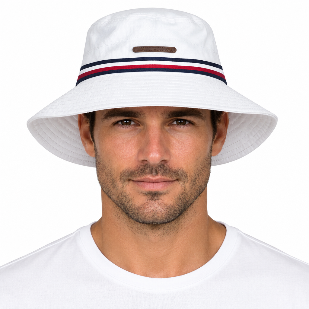Model wearing white Jonathan D bucket hat against a white studio background