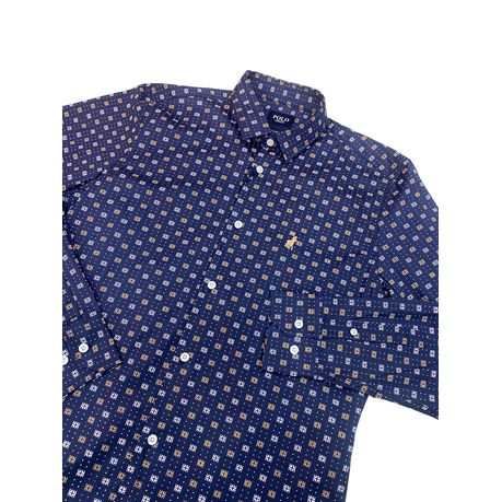 Polo Shirt Mens Long-Sleeve Print Navy