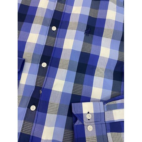 Polo Shirt Mens Long-Sleeve Custom Check Blue