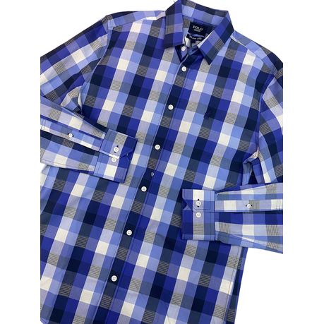 Polo Shirt Mens Long-Sleeve Custom Check Blue