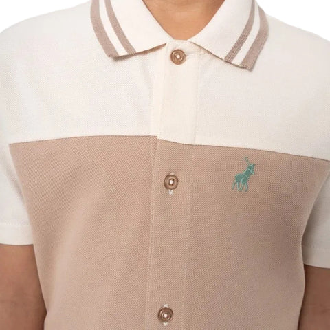 Polo Short Set Boys Mandala Colour Blocked Sand Stone And Khaki