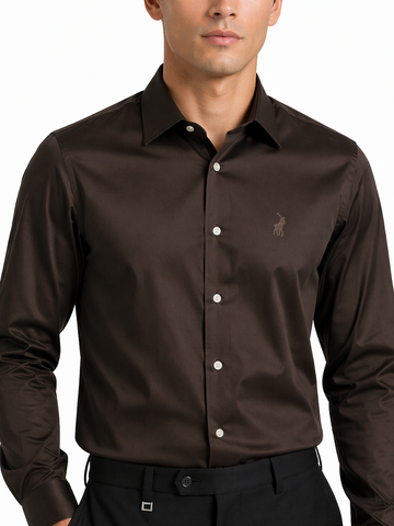 Polo Shirt Mens Long-Sleeve Essential Sateen Chocolate