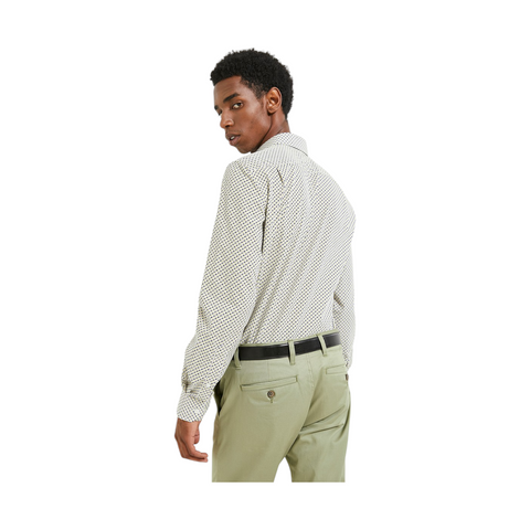 Polo Shirt Mens Long-Sleeve Geo Print White/Navy
