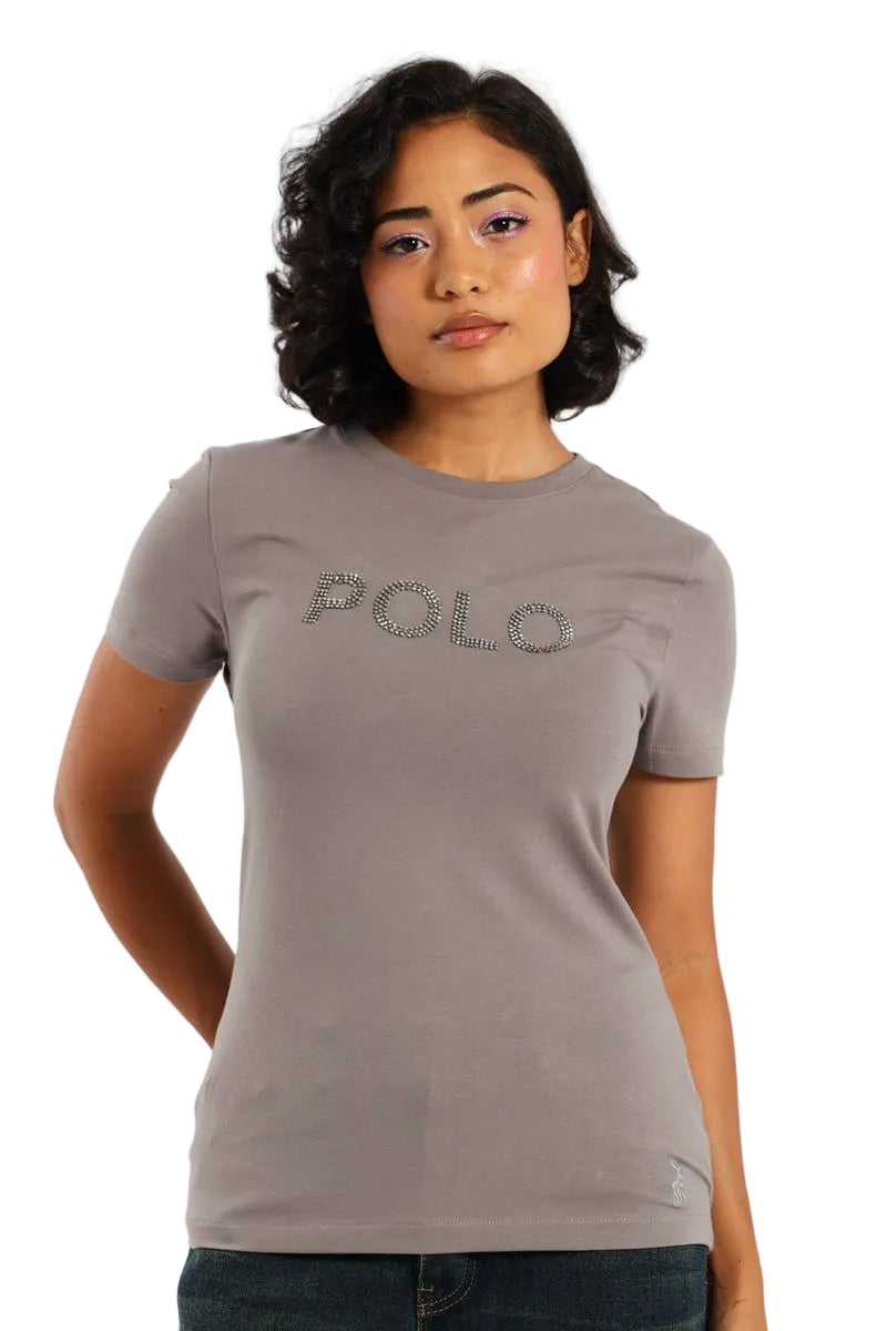Polo T-Shirt Ladies Lily Beaded Lead Grey