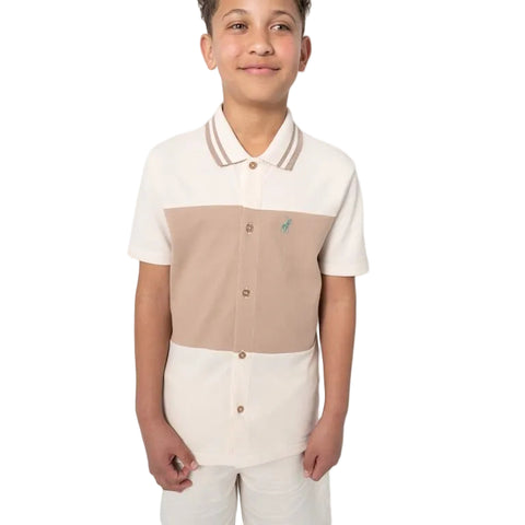 Polo Short Set Boys Mandala Colour Blocked Sand Stone And Khaki