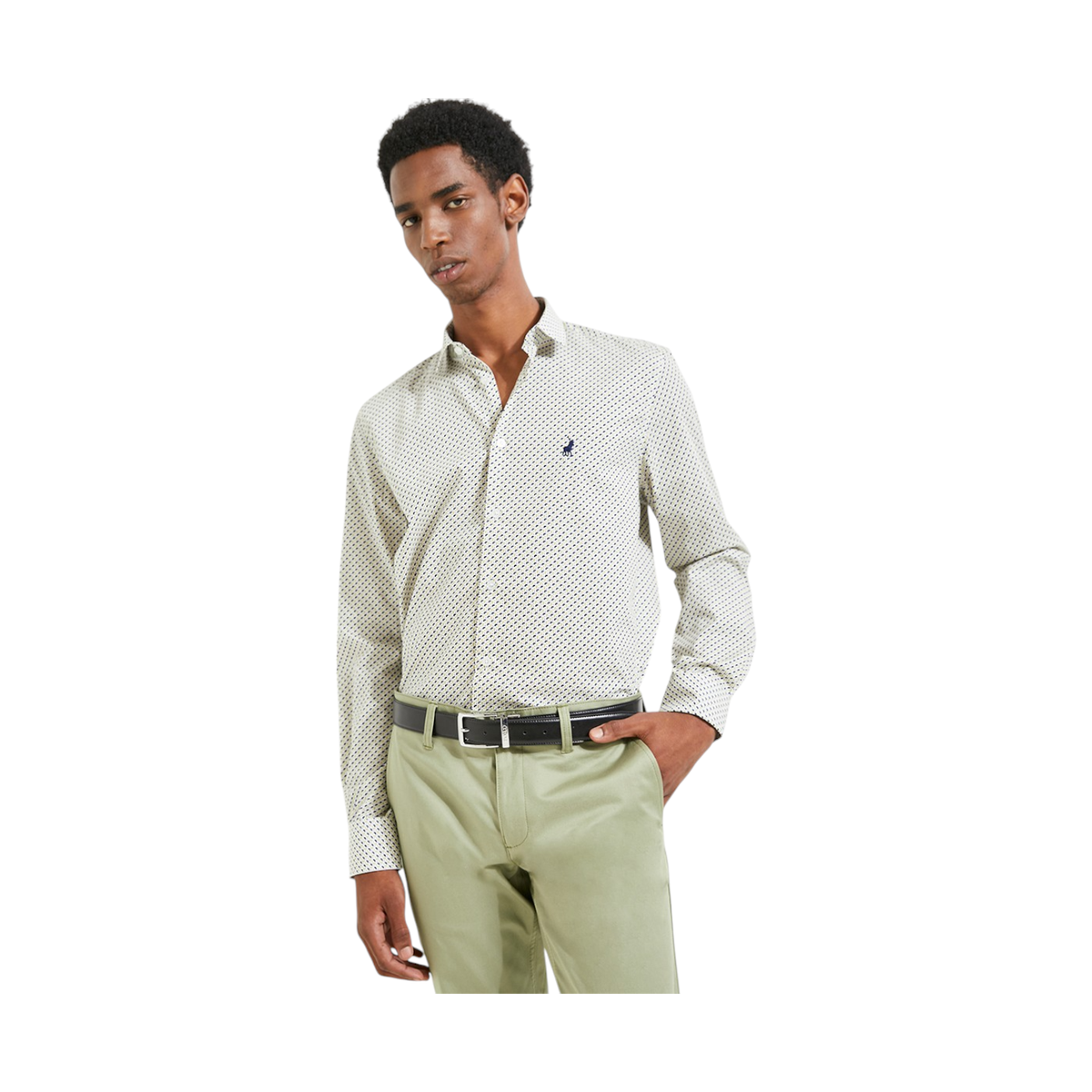 Polo Shirt Mens Long-Sleeve Geo Print White/Navy