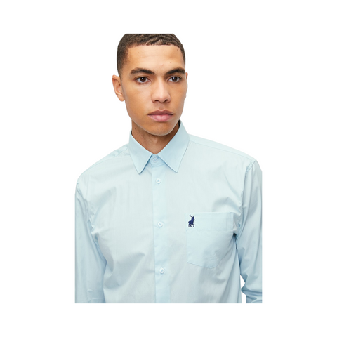 Polo Shirt Mens Long-Sleeve Relaxed Fit Pocket Light Blue