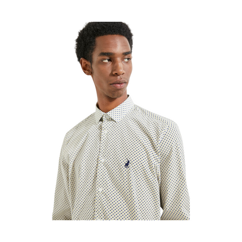 Polo Shirt Mens Long-Sleeve Geo Print White/Navy