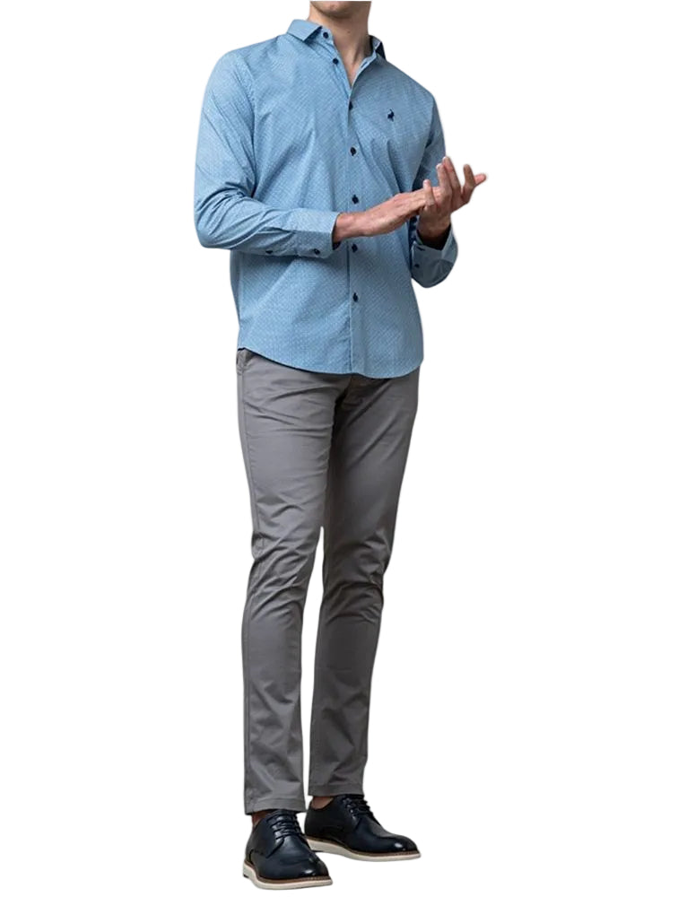 Polo Shirt Mens Long-Sleeve Dot Printed Blue