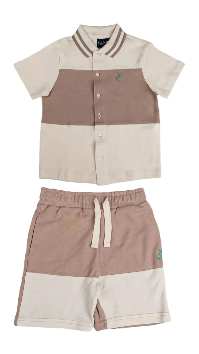Polo Short Set Boys Mandala Colour Blocked Sand Stone And Khaki