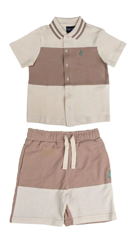 Polo Short Set Boys Mandala Colour Blocked Sand Stone And Khaki