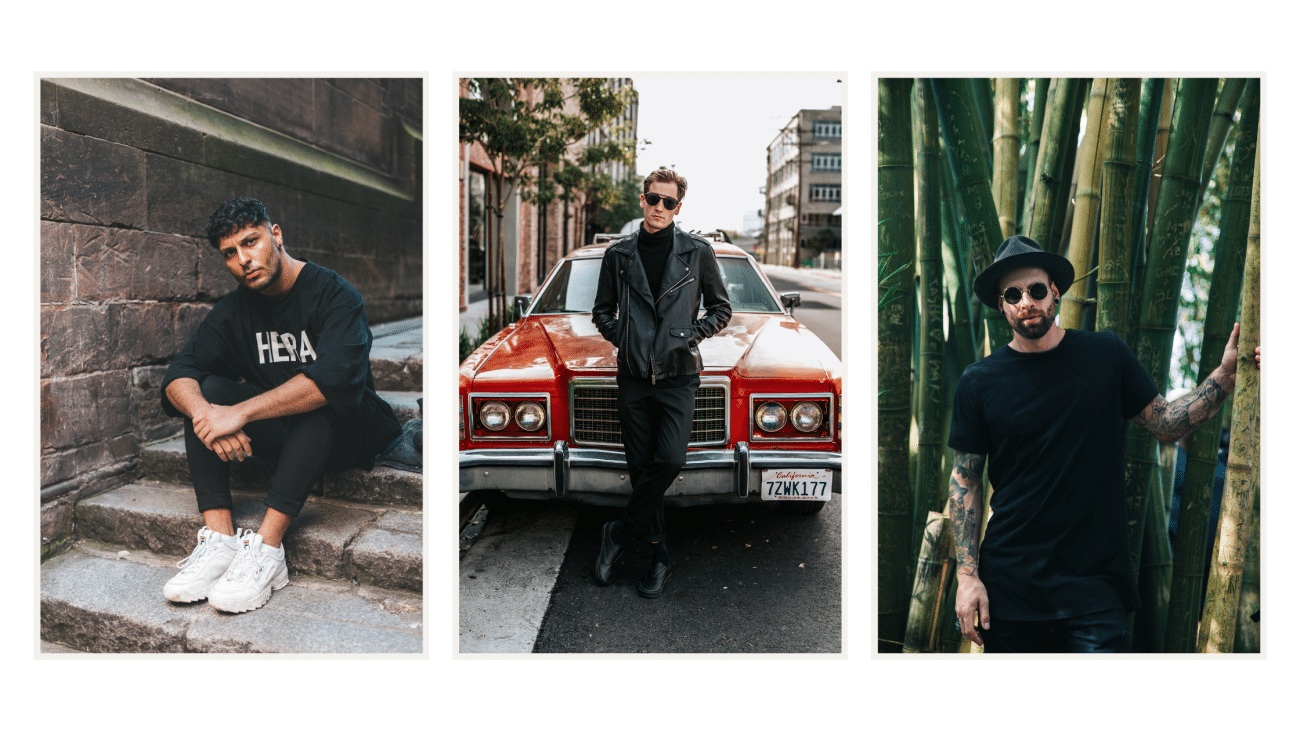 3 men standing in stylish T-shirts