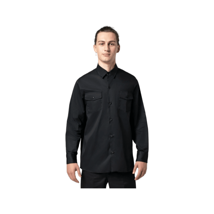 95 1A 1 | The Dickies Shirt 847 Long Sleeve in Black is a durable, comfortable work shirt made from a blend of polyester and cotton, featuring moisture-wicking properties, a relaxed fit, and twin chest pockets for functionality and style.