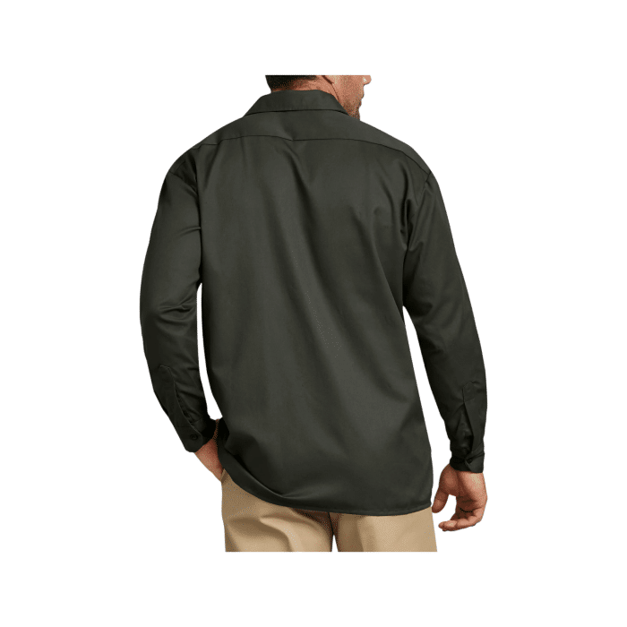 95 5A | The Dickies Shirt 847 Long Sleeve in Olive is a durable, comfortable work shirt made from a blend of polyester and cotton, featuring moisture-wicking properties, a relaxed fit, and twin chest pockets for functionality and style.