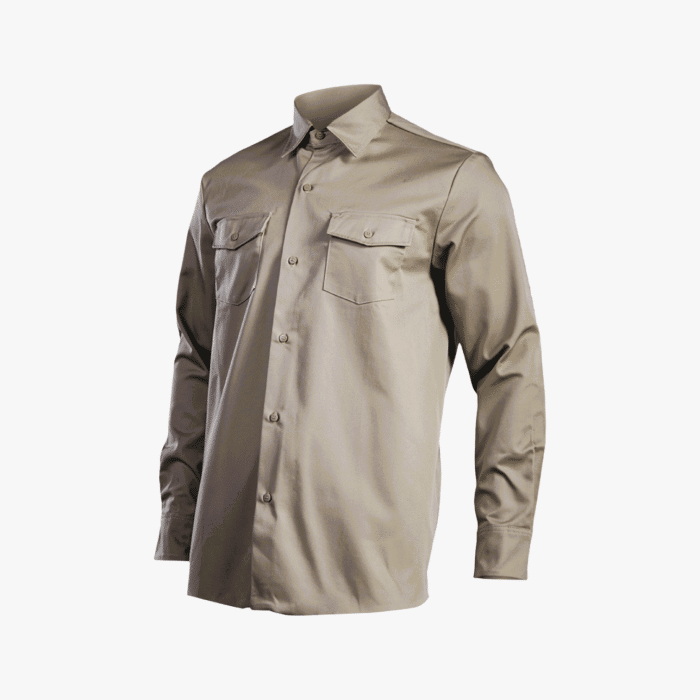 95 6A | The Dickies Shirt 847 Long Sleeve in Khaki is a durable, comfortable work shirt made from a blend of polyester and cotton, featuring moisture-wicking properties, a relaxed fit, and twin chest pockets for functionality and style.