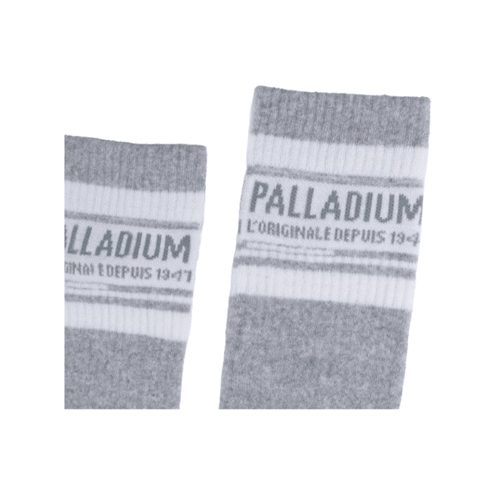 1031 1A | The Palladium Stripe Socks in Silver Grey with white stripes combine classic style with modern comfort, perfect for any occasion. Made from a premium blend of materials, these socks ensure durability and a snug fit, providing both aesthetic appeal and practical benefits.