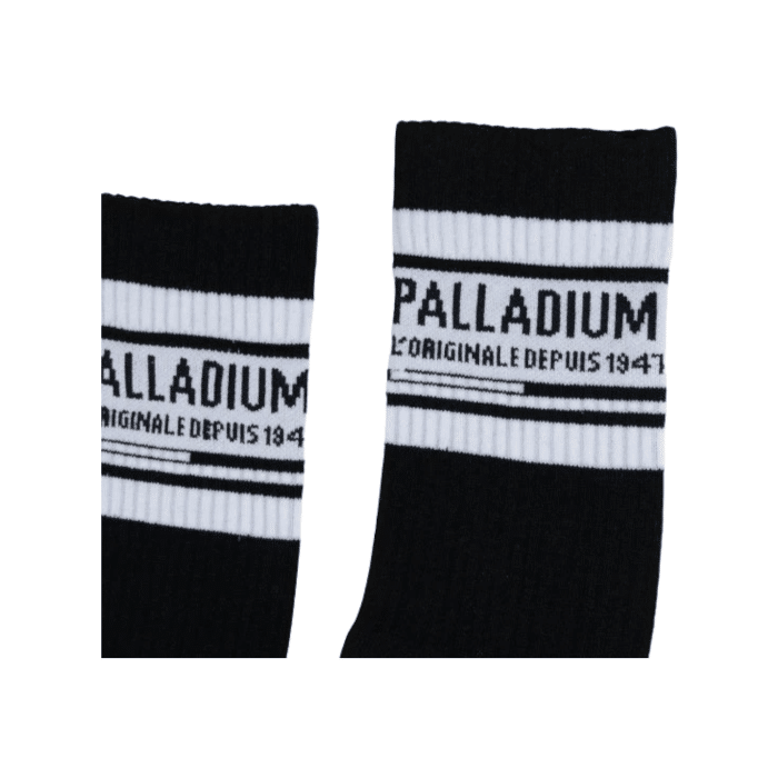 1031 2A | The Palladium Stripe Socks in Black with white stripes combine classic style with modern comfort, perfect for any occasion. Made from a premium blend of materials, these socks ensure durability and a snug fit, providing both aesthetic appeal and practical benefits.