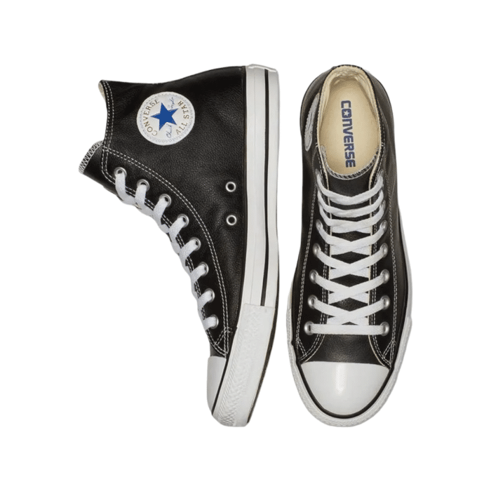 129 1B | The Converse Chuck Taylor Hi Leather in Black brings a sophisticated twist to the iconic sneaker, offering a timeless look with a premium feel. Crafted from high-quality leather, these high-tops deliver both durability and classic style, making them a versatile addition to any wardrobe.