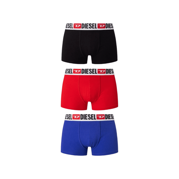 909 2A | The Diesel Shawn 3-Pack Boxer Shorts in Black, Red, and Blue offer a blend of comfort and durability, perfect for everyday wear. Designed with a snug fit and soft fabric, these boxer shorts ensure maximum support and long-lasting quality.