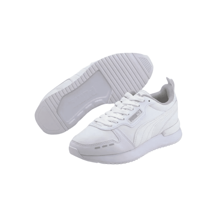 334 56A | The Puma R78 combines retro-inspired design with modern comfort, featuring a vibrant white solid colour for a bold, eye-catching look. These sneakers offer a lightweight feel and cushioned midsole, perfect for all-day wear and versatile enough to elevate any casual outfit.