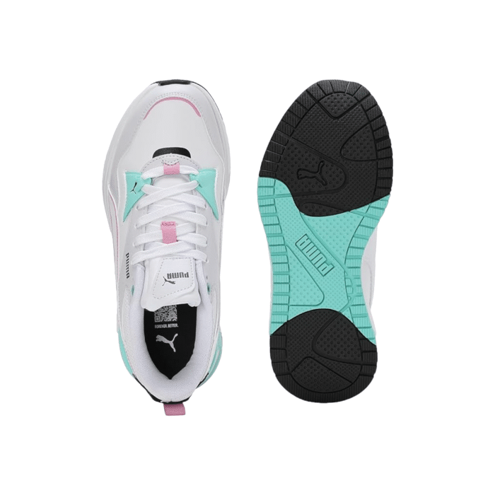 334 84C | The Puma R78 Disrupt in White, Mint and Pink combines retro-inspired design with modern comfort, featuring a vibrant white solid colour for a bold, eye-catching look. These sneakers offer a lightweight feel and cushioned midsole, perfect for all-day wear and versatile enough to elevate any casual outfit.