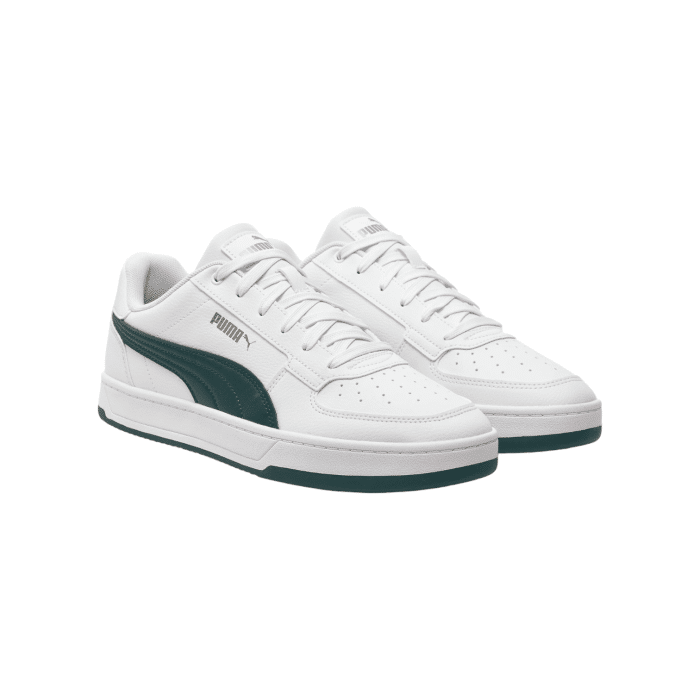 5 181A | The Puma Caven 2.0 in White-Dark Myrtle-Gold combines classic design with modern flair, perfect for both casual and athletic wear. Featuring a sleek white base, dark myrtle accents, and subtle gold detailing, this shoe effortlessly elevates your style while ensuring maximum comfort and durability.