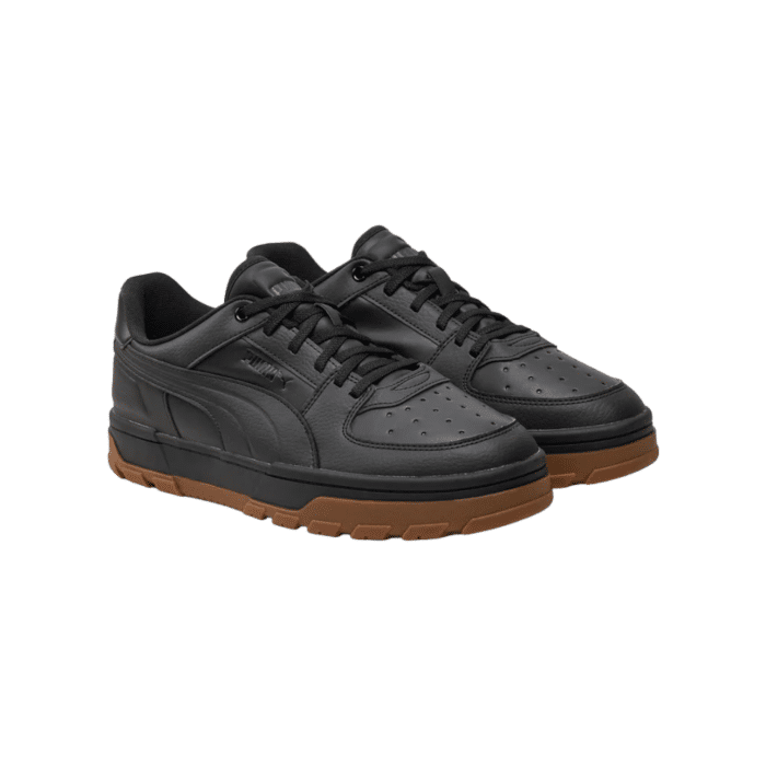 5 182A | The Puma Caven 2.0 in Puma Black-Gum-Puma White combines classic design with modern flair, perfect for both casual and athletic wear. Featuring a sleek black base, gum accents, and subtle gold detailing, this shoe effortlessly elevates your style while ensuring maximum comfort and durability.