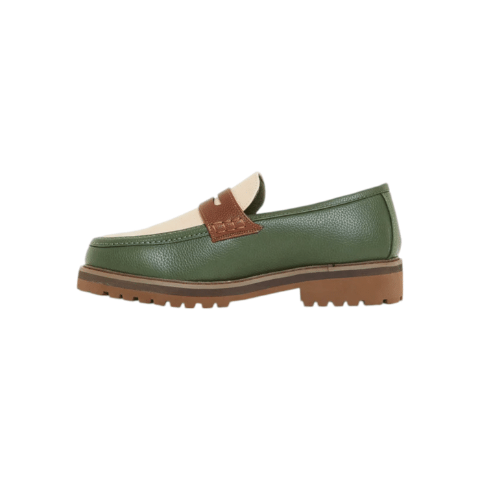 55 4A | Step into style with the Jonathan D Penny Moc PU Leather shoes in an eye-catching Olive and Cream color combination. Crafted from high-quality PU leather, these shoes offer a sleek and sophisticated look, perfect for both casual and semi-formal occasions.