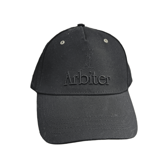 652 11A | The Arbiter Sports Peak Cap in Arbiter Cap Logo Core Black offers a perfect blend of style and functionality, featuring durable, breathable fabric and an adjustable fit for all-day comfort. Its sleek color and structured design make it a versatile accessory, ideal for both athletic and casual wear.