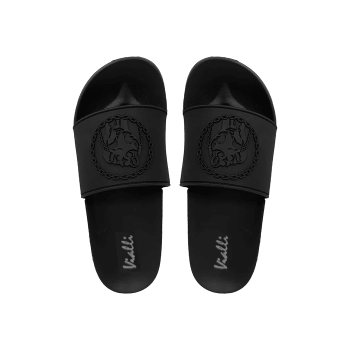 971 4B | The Vialli Slides Frigo in Black offer a sleek and minimalist design that effortlessly combines comfort with style, featuring a contoured footbed for optimal support. Crafted from high-quality materials, these slides are perfect for casual wear, providing durability and a sophisticated edge to any relaxed outfit.