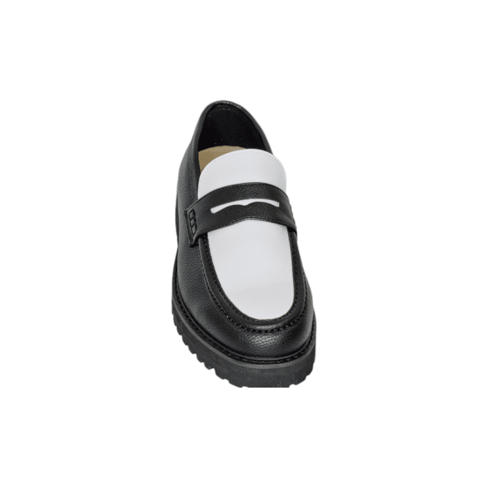 55 5B | Step into style with the Jonathan D Penny Moc PU Leather shoes in an eye-catching Black/White color combination. Crafted from high-quality PU leather, these shoes offer a sleek and sophisticated look, perfect for both casual and semi-formal occasions.