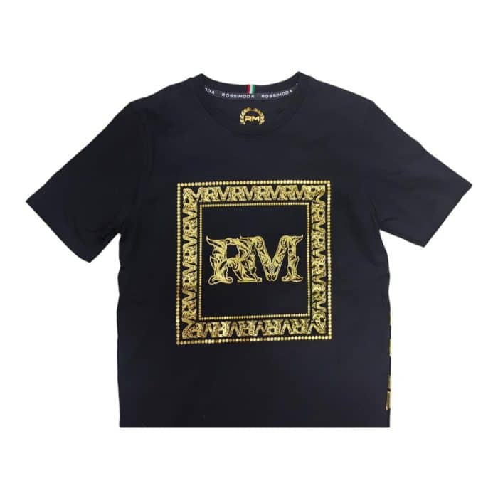 11 76 B | The <strong>Rossimoda Crew Tee Lux Gemme</strong> in Black and Gold blends elegance with modern flair, featuring a sleek black base adorned with shimmering gold gem-like accents. Crafted from premium, breathable fabric, this tee offers a comfortable fit that maintains its shape, making it perfect for both casual and upscale occasions. Its luxurious detailing and versatile design ensure you can effortlessly transition from day to night, all while making a bold, stylish statement.