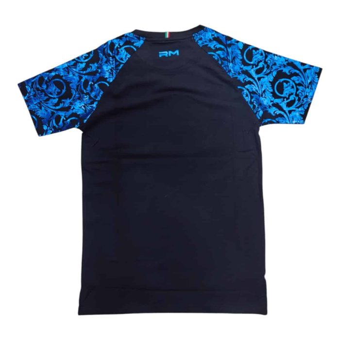 11 82 B rotated | The Rossimoda T-shirt Sky Bloom in Black/Turquoise is a striking blend of contemporary style and comfort, featuring a vibrant turquoise floral design that beautifully contrasts against the classic black backdrop. Crafted from high-quality cotton, this T-shirt offers a soft, breathable fit, making it perfect for all-day wear, whether you're dressing up for a casual outing or keeping it laid-back. With its timeless crew neck and relaxed silhouette, the Sky Bloom T-shirt effortlessly pairs with a variety of bottoms, adding a touch of elegance and artistic flair to your everyday look.