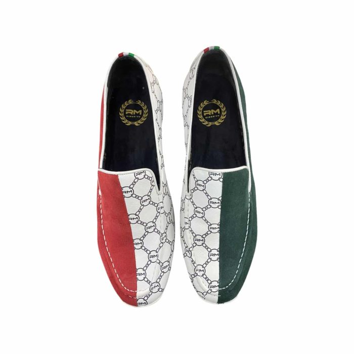 137 196B | The Rossimoda GT900 Floral Bloom Multi-White/Green/Red loafers showcase a striking combination of bold Italian flag-inspired colors with intricate chain-link patterns on a white background, offering a perfect blend of modern style and classic design. Crafted with high-quality materials, these loafers feature a breathable upper and a cushioned insole for superior comfort, allowing for all-day wear without sacrificing elegance. The durable rubber outsole ensures excellent traction on various surfaces, making these shoes a versatile and eye-catching addition to both casual and semi-formal outfits.