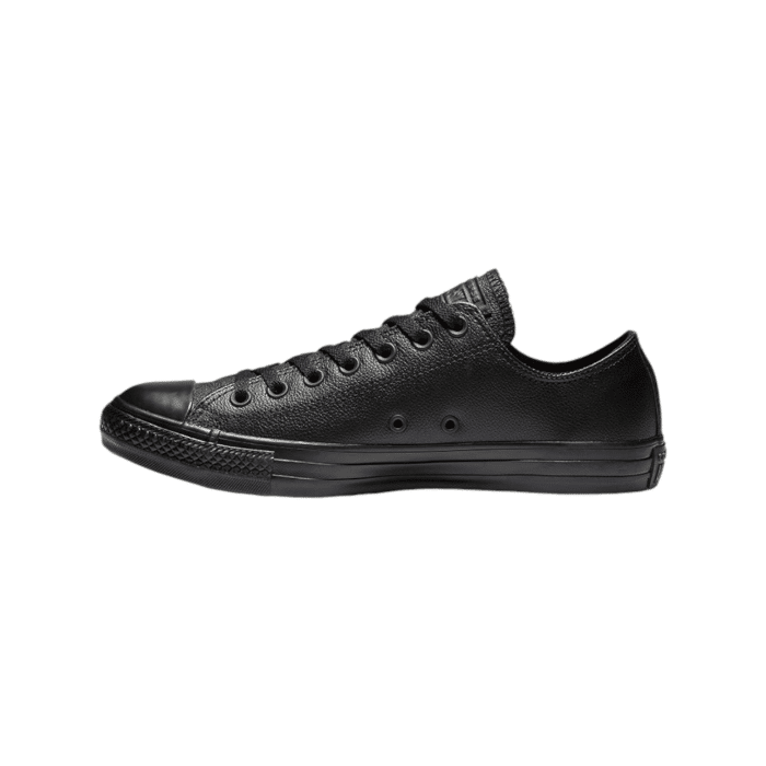 262 4A | The Converse Chuck Taylor Low Leather in Mono Black brings a sophisticated twist to the iconic sneaker, offering a timeless look with a premium feel. Crafted from high-quality leather, these low-tops deliver both durability and classic style, making them a versatile addition to any wardrobe.