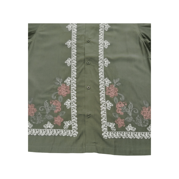 53 9B | The <em>Jonathan D Shirt GIU Embroidered</em> in <em>Olive</em> offers a sophisticated yet artistic style, with intricate white, pink, and green embroidery that elevates its classic look. Made from high-quality fabric, this shirt provides a comfortable and breathable fit, making it perfect for both casual and smart-casual occasions. The elegant embroidery and rich olive hue combine to create a versatile piece that pairs effortlessly with various outfits, adding a touch of refined flair to any wardrobe.