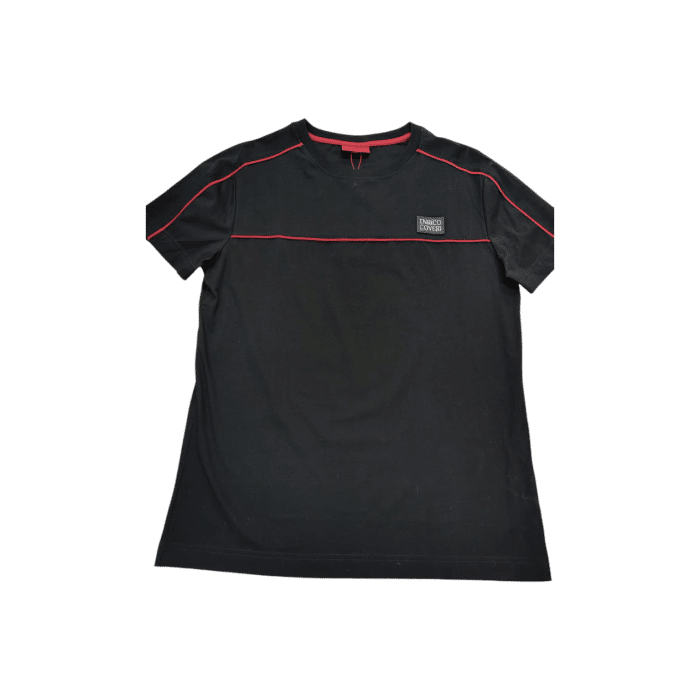 559 144B | The Enrico Coveri 1 Stripe T-Shirt in Black with striking Red Detailing is the perfect blend of style and comfort, featuring a minimalist design that showcases a bold red stripe across the chest for an eye-catching contrast. Made from high-quality, breathable fabric, this t-shirt ensures all-day comfort while maintaining a flattering fit, making it an ideal choice for casual outings or relaxed gatherings. With its classic crew neck and versatile color scheme, this t-shirt pairs effortlessly with jeans, shorts, or chinos, allowing you to create a variety of stylish looks with ease.